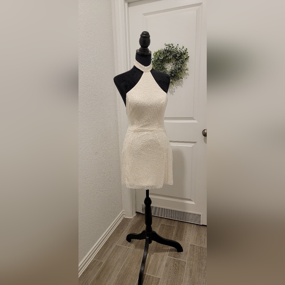 Cream embellished mini dress
